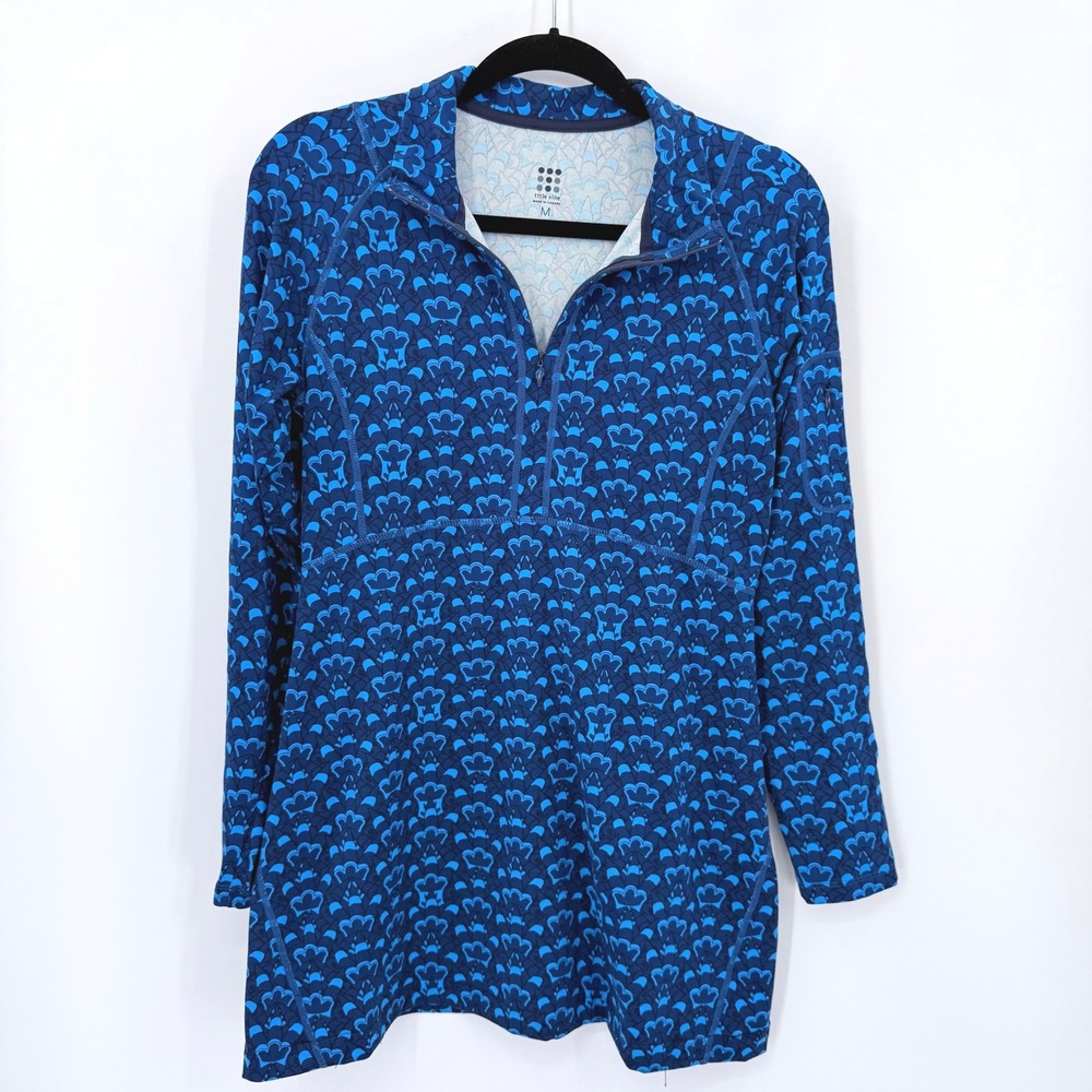 Title Nine Get Away Blue Geometric Print Quarter‎ Zip Dress Top Mock Neck Size M